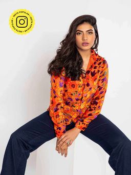 How When Wear - Orange Floral Velvet Print Shirt