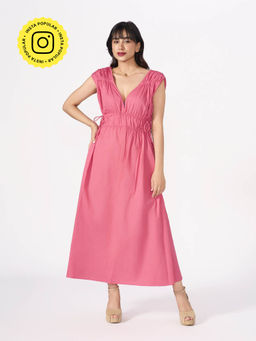 How When Wear - Pink Ruched Cotton Wide Plunging Neck Maxi Dress