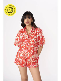 How When Wear - Red Leaf Printed Linen Co-Ord (Set of 2)