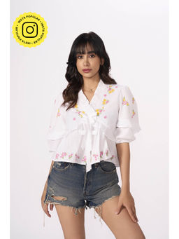 How When Wear - White Frill Blouse with Floral Embroidery