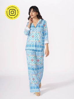 How When Wear - Blue The Amalfi Printed Linen Casual Shirt