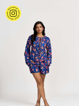How When Wear - The Floral Printed Blue Tie Co-Ord (Set of 2)