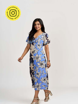 How When Wear - The Contrast Botanic Blue Pink Midi Dress