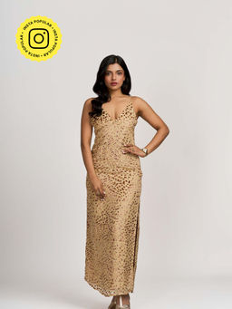 How When Wear - The Animal Velvet Slit Beige Maxi Dress