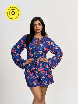 How When Wear - The Floral Printed Blue Relaxed Shorts