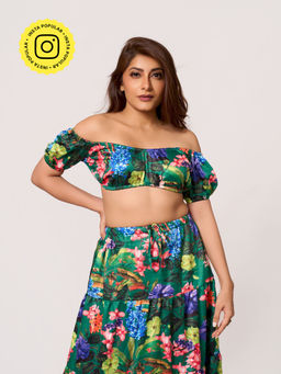 How When Wear - Green Satin Forest Mirage Printed Bandeau Top