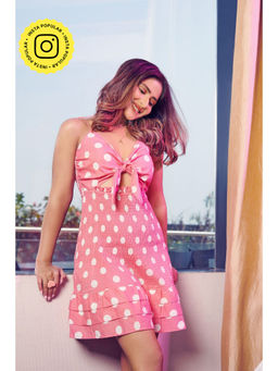 How When Wear - Pink Spot Print Tie Mini Dress