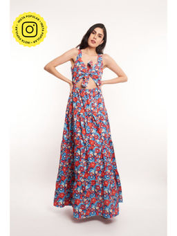 How When Wear - Floral Printed Cut Out Maxi Dress