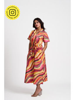 How When Wear - Multi-Colour Sunset Print Double Pocketed Midi Dress and Belt