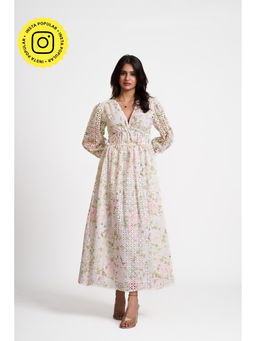 How When Wear - Off White Printed Broderie Plunge Neck Maxi Dress