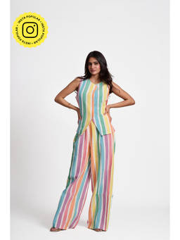 How When Wear - Multi-Colour Summer Stripes Linen Flare Pants