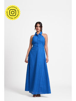 How When Wear - Blue Broderie Cold Shoulder Maxi Dress