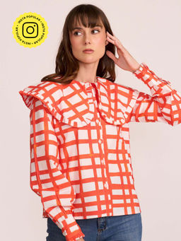 How When Wear - Womens Cotton Checks Orange Top