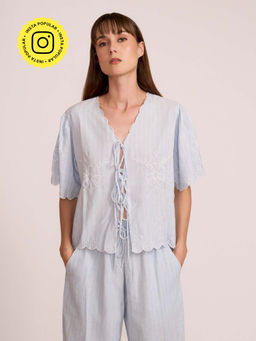 How When Wear - Womens Linen Embroidered Blue Shirt