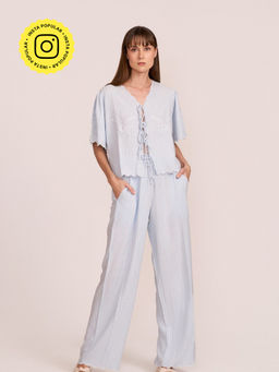 How When Wear - The Linen Scallop Embroidered Blue Pant