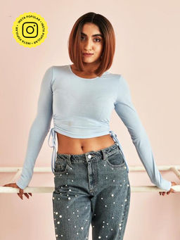 Lea Clothing - Cecelia Baby Blue Ruched Crop Top