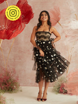 Lea Clothing - Aria Black Daisy Tulle Corset Midi Dress