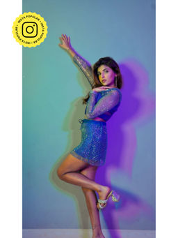Lea Clothing - Jordyn Blue Crystal Mesh Mini Skirt