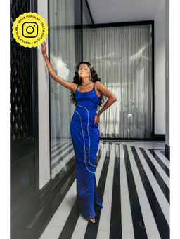 Lea Clothing - Annette Sapphire Blue Satin Rhinestone Dress