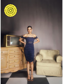 Lea Clothing - Cassia Sapphire Glitter Mesh Dress Navy Blue
