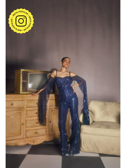 Lea Clothing - Huyen Sapphire Embellished Flared Sleeve Jumpsuit Navy Blue