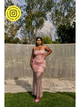 Lea Clothing - Liza Pink Crystal Mesh Maxi Dress