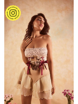 Lea Clothing - Ruth Vintage Print Bow Corset Crop Top
