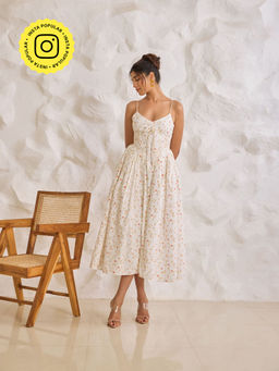 Lea Clothing - Brynlee White Floral Printed Corset Midi Dress