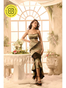 Lea Clothing - Honey Olive Green Floral Satin and Lace Asymmetric Dress