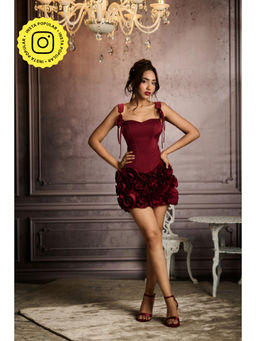 Lea Clothing - Melanie Cherry Red Hand-Embellished 3D Flower Mini Skirt
