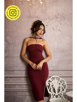 Lea Clothing - Janice Burgundy Embellished Mock Neck Midi Dress