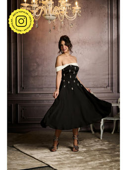 Lea Clothing - Cristina Black Crystal A-Line Satin Midi Dress