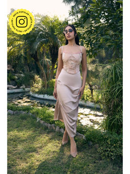 Lea Clothing - Bianca Nude Pink Satin Mid Skirt