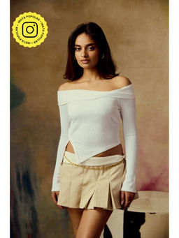 Lea Clothing - Beryl White Ribbed Off Shoulder Crop Top