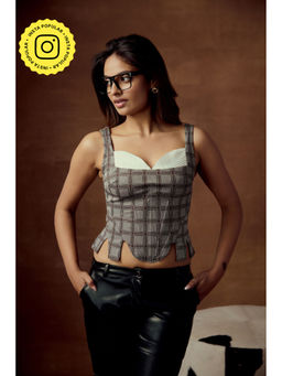 Lea Clothing - Sunniva Grey Checkered Corset Crop Top