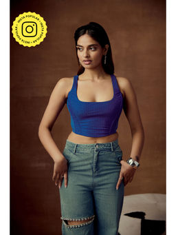 Lea Clothing - Petra Electric Blue Rhinestone Embedded Corset Crop Top