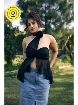 Lea Clothing - Deanne Black Asymmetrical Mesh Top
