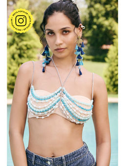 Lea Clothing - Nude Caelia Blue Beaded Halter Crop Top