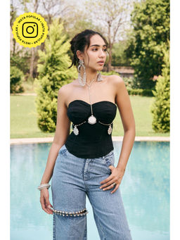 Lea Clothing - Inara Black Corset Top with Embellished Bust Chain