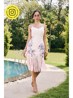 Lea Clothing - Eira White Satin Printed Tassel Dress