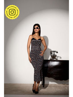 Lea Clothing - Black Odessa Leopard Print Corset Midi Dress