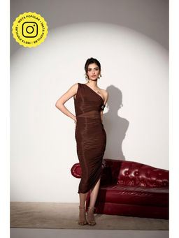 Lea Clothing - Dahlia Brown One-Shoulder Ruched Midi Dress