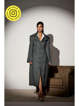 Lea Clothing - Marcella Grey Houndstooth Trench Coat