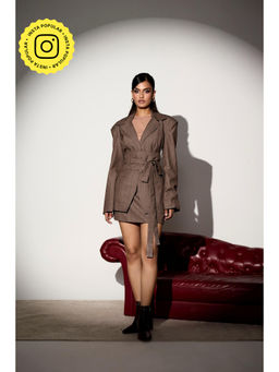 Lea Clothing - Zyna Brown Plaid Blazer with Cinching Belt