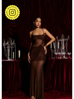 Lea Clothing - Mocha Mirage Brown Ruched Mesh Slinky Maxi Dress
