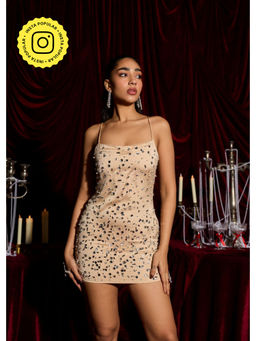 Lea Clothing - Champagne Stardust Rhinestone Embellished Mini Dress