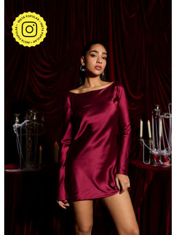 Lea Clothing - Sangria Satin Slip Cowl Embellished Mini Dress