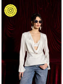 Lea Clothing - Ivory Muse Draped Satin Tie-Back Top