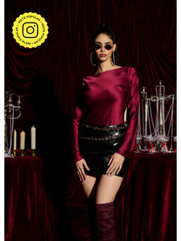 Lea Clothing - Merlot Satin Cowl Embellished Top