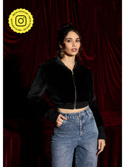 Lea Clothing - Velvet Faux Fur Crop Hoodie Jacket